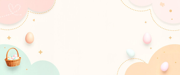 Soft pastel Easter design with dreamy clouds and floating basket of eggs, celebration of spring joy.