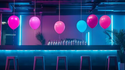 Neon Lit Bar Interior with Pink and Blue Balloons