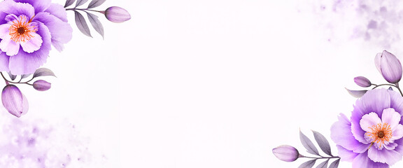 Light lilac canvas with watercolor peonies framing an open center for custom wording, soft feminine touch. Elegant design concept for invitations or decor.