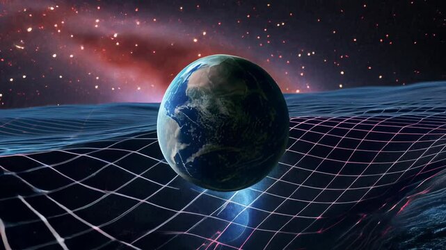 Gravitational dynamics: Earth depicted within space-time grid, showing mass-induced gravity well, glowing lines highlighting curvature, and cosmic particles.