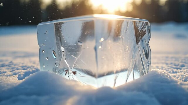  Glittering ice cube embedded in soft snow illuminated by warm sunlight creating a sparkling effect