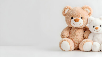 Fototapeta premium Two teddy bears sitting together on white background; friendship, childhood, innocence