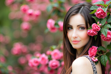 Naklejka premium Beautiful brunette woman posing in a garden with pink roses blooming