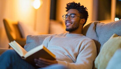 Fototapeta premium Man in a sweater is reading a book while sitting on a couch