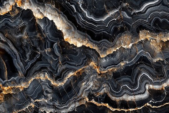 An intricate, high-resolution black onyx texture featuring swirling patterns and elegant, contrasting white and golden veins, resembling luxurious marble stone.