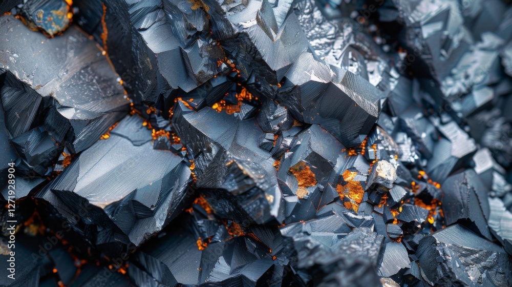 Poster Close up display of mineral crystals highlighting sharp edges and reflective surfaces with hints of orange from embedded materials, creating an intriguing visual contrast.