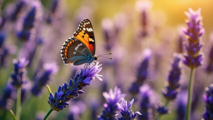 Vibrant butterfly on purple lavender blossom in sunlit garden