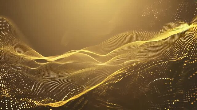 A futuristic animated background featuring shimmering golden particles drifting endlessly screen paired dynamic lines dots sleek modern video screensaver design
