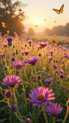 Fototapeta premium Sunlit field of purple wildflowers with butterflies at sunrise