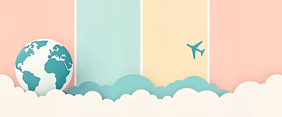 Modern World Tourism Day banner featuring a globe and plane silhouette against pastel color blocks, symbolizing travel and exploration.