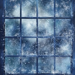 Snow and ice cover a multi paned blue window