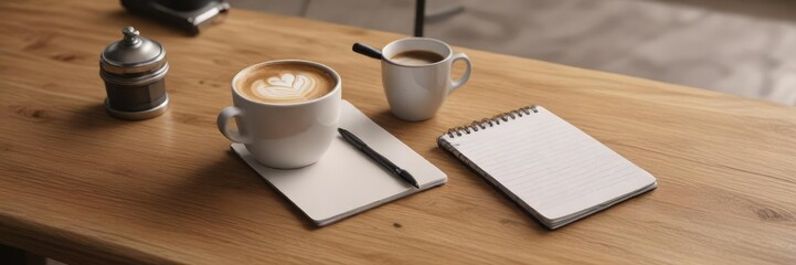 Coffee piccolo latte on wooden desk with a notepad and pen holder , writing, latte, stationery