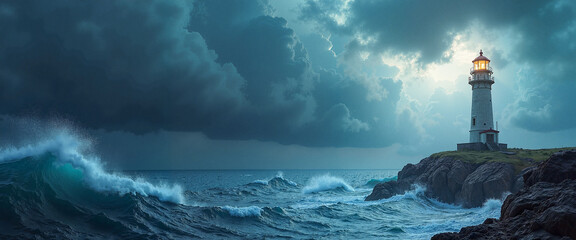 Powerful lighthouse standing against stormy sky over turbulent waves at sea, adventure and exploration concept.