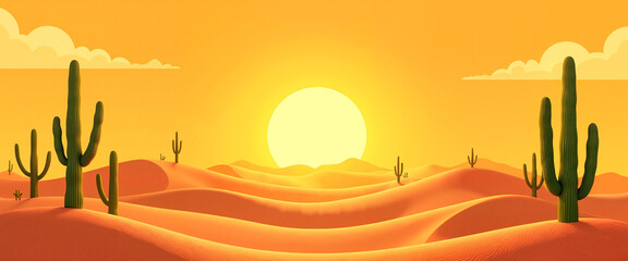 Sun-drenched desert landscape with iconic cacti and rolling dunes under a bold orange sky, eye-catching World Tourism Day promotion.