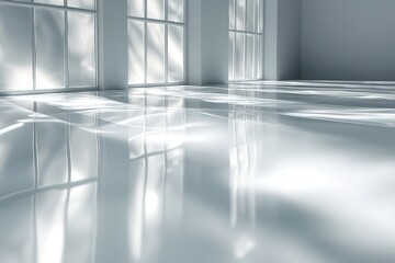 A bright and airy modern room with sunlight streaming through large windows, creating patterns on the shiny floor. The room is empty and minimalist in design.