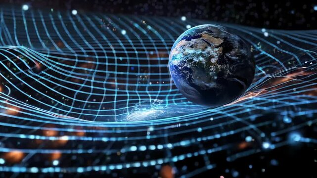 Cosmic interaction: video illustrating Earth's place in curved space-time, with grid and glowing lines symbolizing gravity's influence, particles, and atmospheric , representing universal forces.