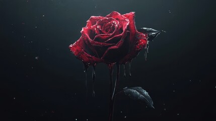 Dramatic red rose with dark dripping substance against dark background
