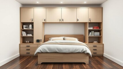 Compact murphy bed with built-in shelves and drawers, storage furniture, modern bedroom decor, compact murphy bed
