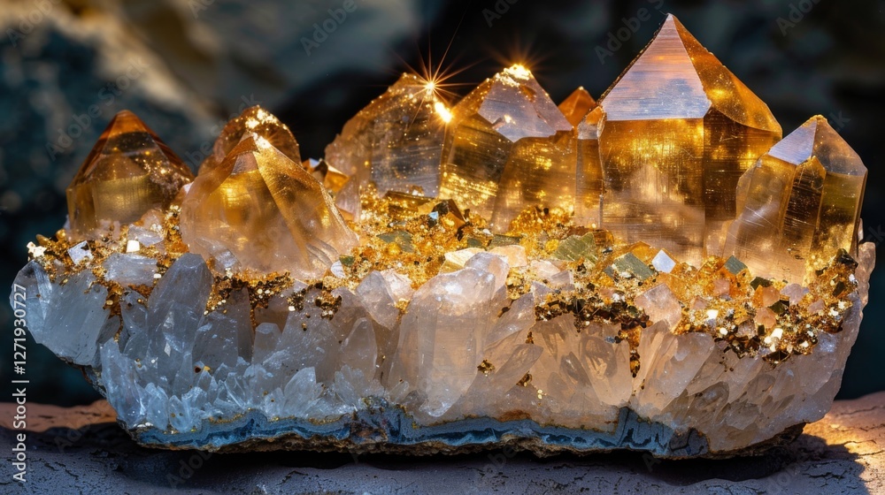 Aufkleber stunning clusters of golden crystals rest atop a surface, reflecting light and exhibiting intricate 