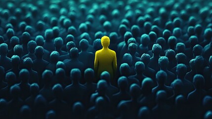 Obraz premium Concept of uniqueness--one yellow figure rising above a blue crowd, symbolizing vision.