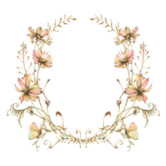 Field, meadow, wild flowers and herbs cosmos and other, butterfly. Watercolor illustration hand drawn in beige, brown and ocher colors. Circle, round, oval wreath frame isolated from background