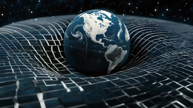 Space-time visualization: video displaying Earth at the center of curved space, with grid lines illustrating gravity effect, glowing patterns emphasizing space distortion.