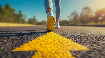 Woman's feet walking on road, following yellow arrow.