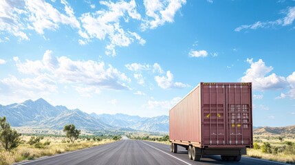 Fototapeta premium Red Shipping Container Truck on a Scenic Highway with Mountain Landscape