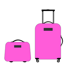 set of Pink wheeled travel bag with hand. Plastic travel suitcase isolated on white background.
