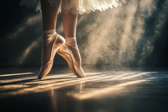 En Pointe Ballerina's Grace, Elegant Pointe Shoes, Dramatic Lighting, Misty Stage