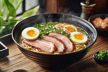 Fototapeta premium A delectable bowl of steaming ramen with succulent pork belly slices, perfectly cooked soft boiled eggs, and fresh scallions, arranged artfully.