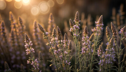 Obraz premium Lavender with serene mood growing in a field against a sunset background