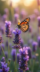 Monarch butterfly resting on lavender blossom at sunset in tranquil garden