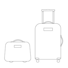 Icon wheeled travel bag with hand. Plastic travel suitcase isolated on white background.