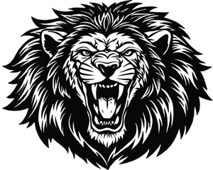 Obraz premium Majestic Lion Vector Illustration – Bold and Fierce Black and White Design. Powerful Lion Tattoo Design – Stunning Black and White Lion Art.