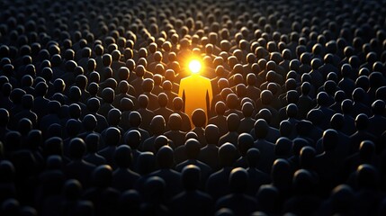Obraz premium Leadership concept--a golden figure shining in a crowd of uniform, darker figures.