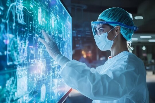 Male scientist interacting with futuristic digital interface in a lab setting