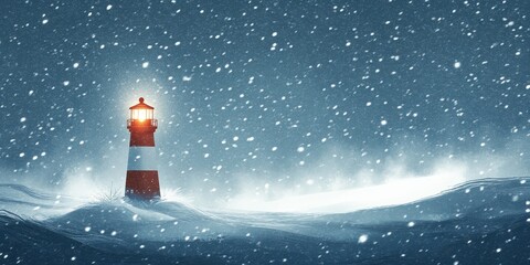 Lighthouse beams in a winter storm over ocean waves