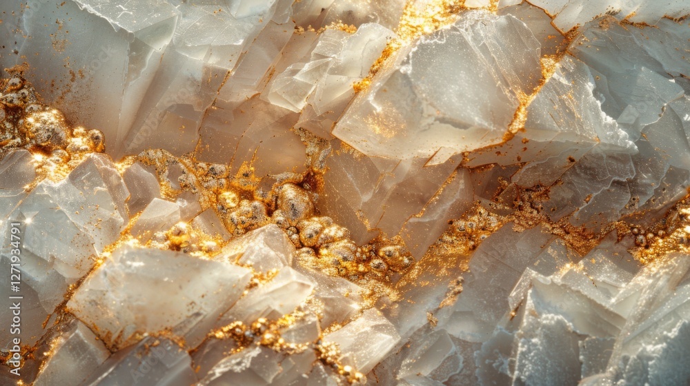 Poster glittering quartz crystals are intermingled with golden mineral veins, creating a striking contrast 