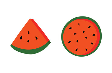 Flat simple illustration of a watermelon slice and round piece.