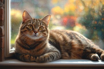A charming striped tabby cat lounges peacefully on a windowsill, gazing dreamily out at the window with colorful bokeh background.