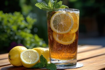 Refreshing iced tea with lemon slices and fresh mint, served on a wooden table with a blurred green background, ideal for summer refreshment and relaxation.