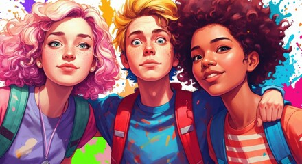 Fototapeta premium Three diverse friends with colorful hairstyles and backpacks smiling together