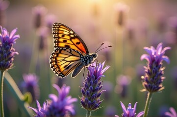 Obraz premium Monarch butterfly resting on lavender flowers at golden hour
