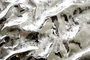 A striking close-up shot of liquid silver with dark reflections creates an abstract and dynamic texture, perfect for backgrounds, with intricate patterns and smooth surfaces.