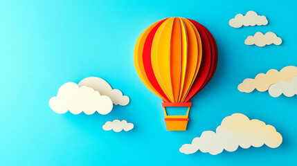 Fototapeta premium Hot Air Balloon in a Clear Sky in Vibrant Red and Yellow Hues, Paper Cut