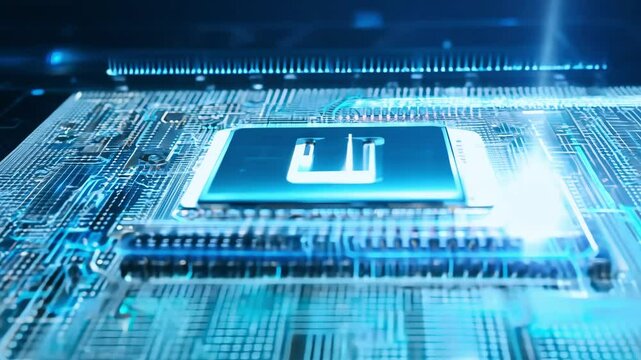 Close-up of an AI processor on a circuit board, highlighted by glowing blue lights, representing advanced artificial intelligence technology.
