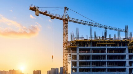 Construction Crane and Building at Sunset