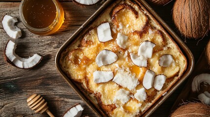A farmhouse-style wooden table with a baking dish of freshly made Coconut Cream Pie French Toast Bake, surrounded by cracked coconut shells and a honey jar