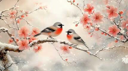 The little bird on the snow plum branch